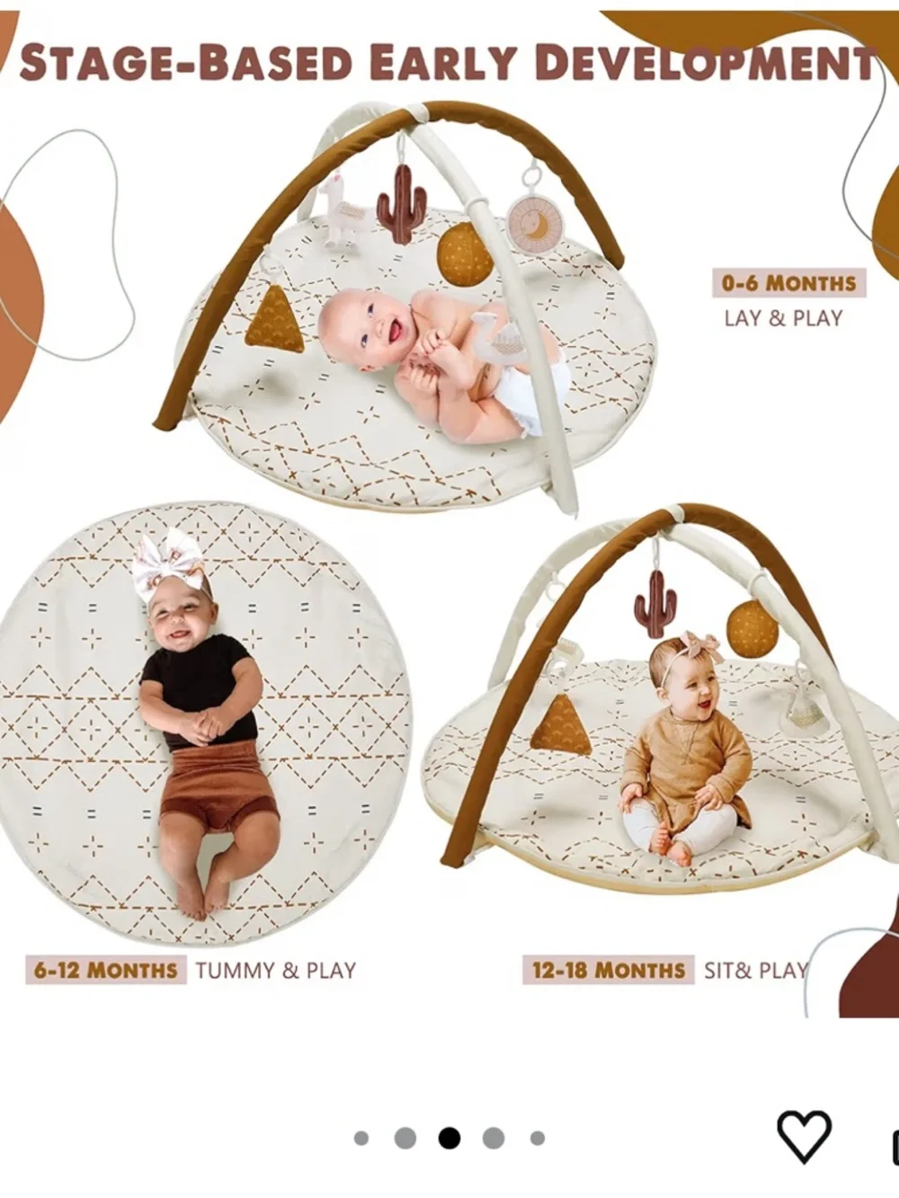 Neutral White & Brown Baby Play Gym - Soft Activity Mat with Hanging Toys